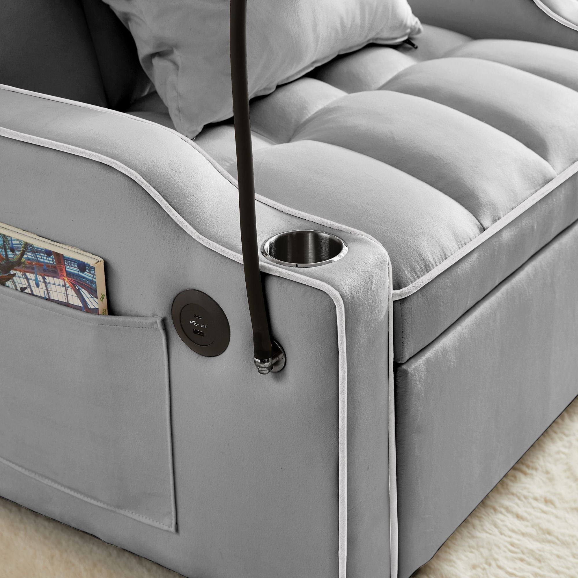 Aukfa Sleeper Chair Bed, Convertible Pull Out Sofa Bed with USB Port, Cup Holders and Swivel Phone Holder, Gray