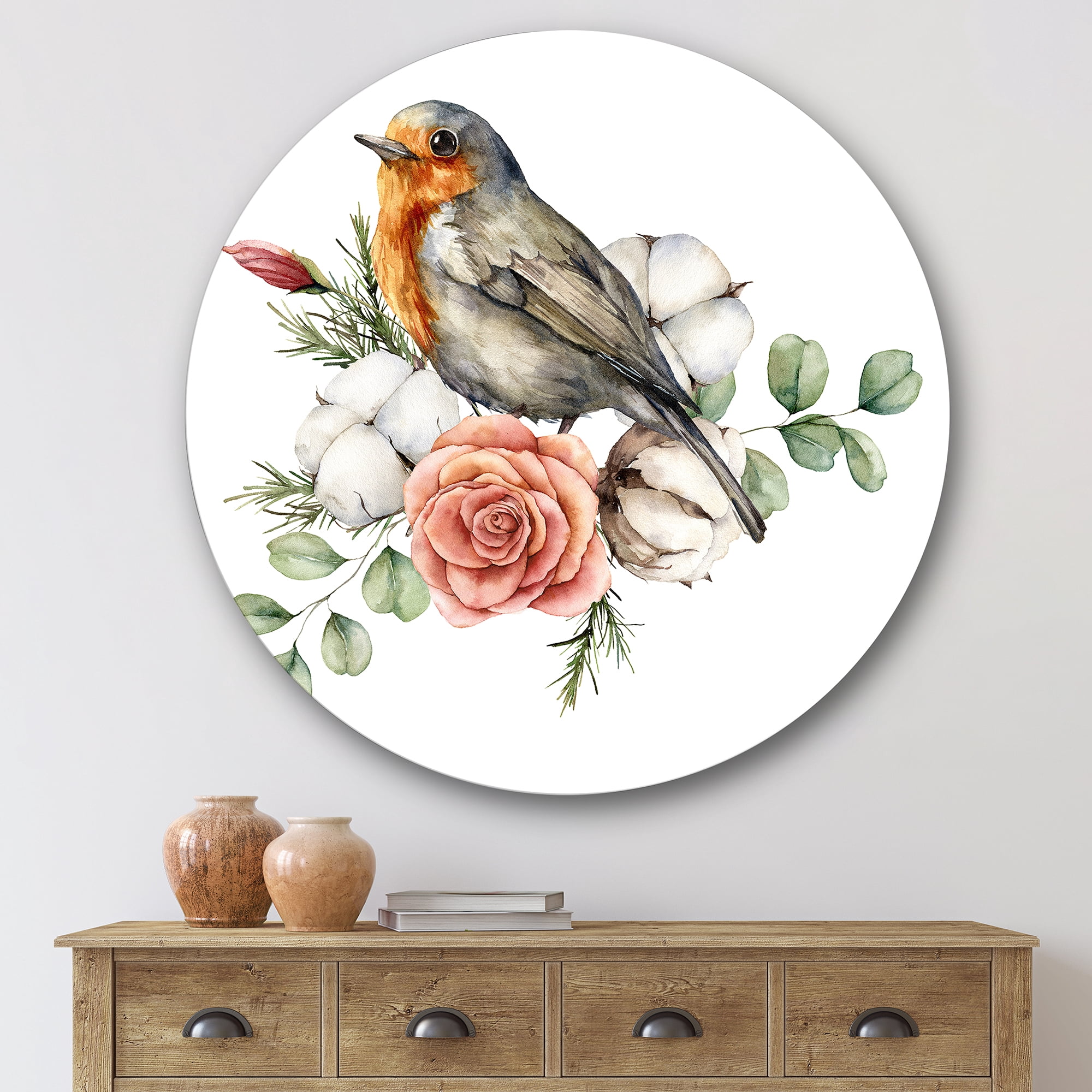 Designart 'Cotton Rose and Leaves With Robin Redbreast' Traditional Circle Metal Wall Art 36x36 - Disc of 36