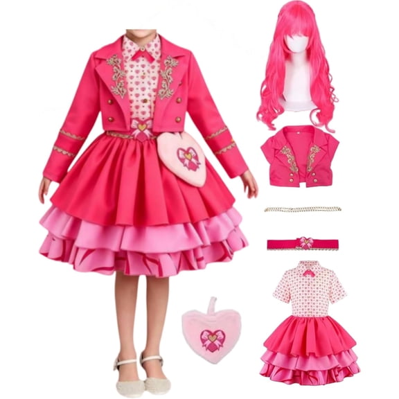 Halloween Princess Costume - Gi"rl"s Pink Princess Costume Long Sleeves Jacket, Cute Heart Print Dress with Wig Accessories, Birthday Halloween Cosplay Party, Size:130