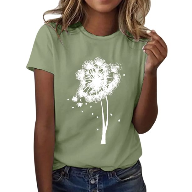 Gibobby Blusa Casual de Mujer Camiseta deportiva informal manga corta con cuello redondo y estampado diente león a la moda para mujer(Verde de menta,CH)