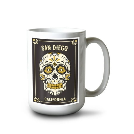 

15 fl oz Ceramic Mug San Diego California Day of the Dead Sugar Skull and Flower Pattern Dishwasher & Microwave Safe