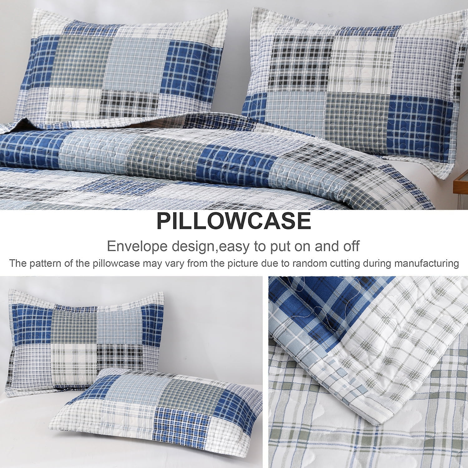3 Piece Quilt Set King Size Bedspread Coverlet Mens Plaid Patchwork Bedding Reversible Quilt Queen Microfibers Bedspread Coverlet Lightweight Bedding for All Season Black Blue