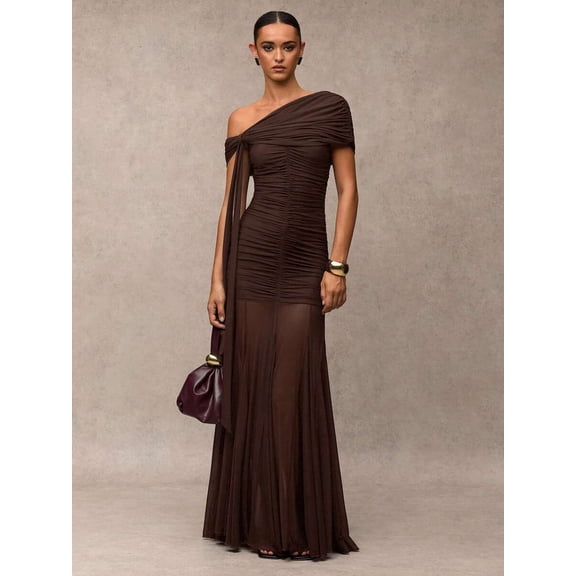 Coffee Brown One-Shoulder Ruched Maxi Evening Gown Formal Dress