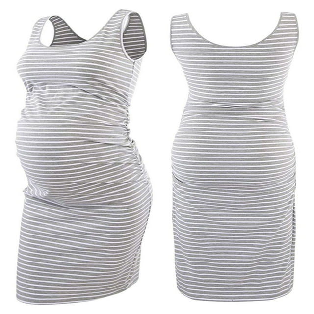 EIMELI Robe pour Femme Enceinte à Rayures Sans Manches à Col Rond Ajustée Midi Robe Débardeur Robe d'Été Décontractée Robe de Maternité