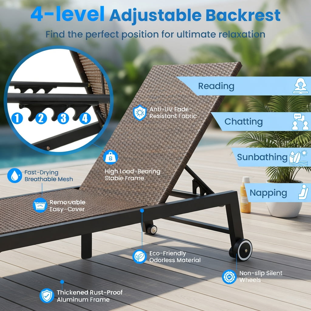 Hommoo Adjustable PE Wicker Chaise Lounge Chair with Wheels， Heavy-Duty 400 lb Capacity for Poolside, Patio, Backyard & Deck, Brown
