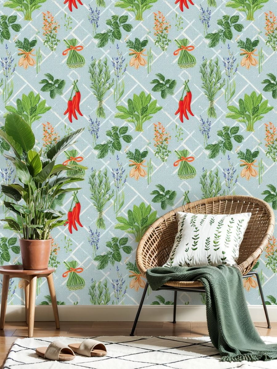 Modern Peel and Stick Wallpaper 23.6in x 9.8ft Herb Spice Fresh Greenery Chili Peppers Lavender Blue Contact Paper Self-Adhesive Removable Wall Paper for Bedroom Kitchen Cabinet Renter Friendly