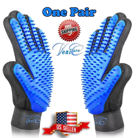 VeniCare Pet Grooming Gloves Brush Dog Cat Hair Remover Mitt Massage Deshedding 1 Pair Blue