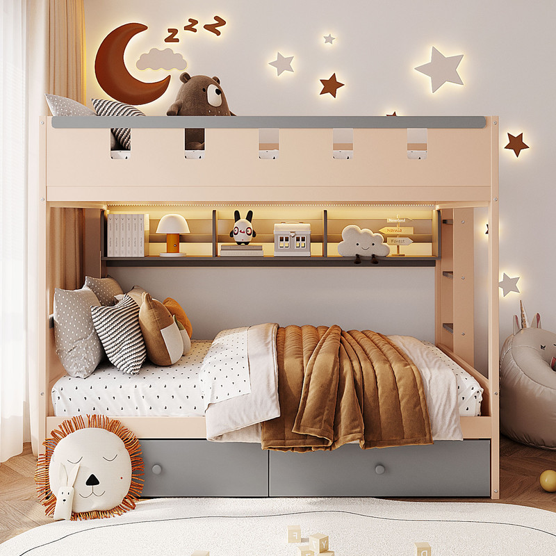 Full Size Castle-Designed Kids's Bunk Bed with Built-in Ladder & LED Strip, Storage Wooden Bed Frame with 2 Drawers & Shelves