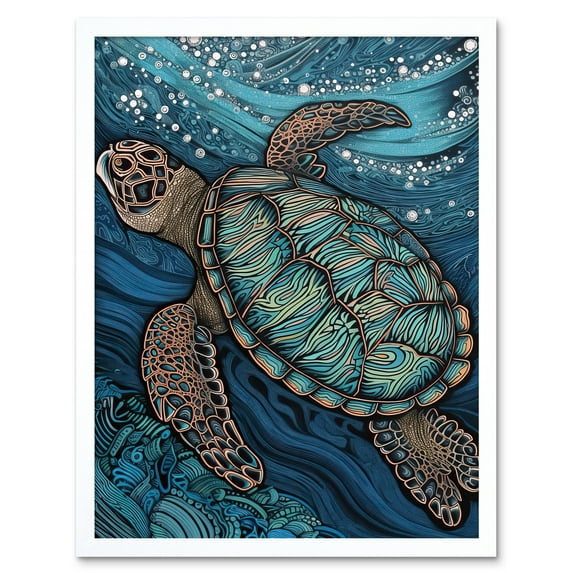 Vibrant Sea Turtle Swimming Under the Surface Art Print Framed Poster Wall Decor 12x16 inch