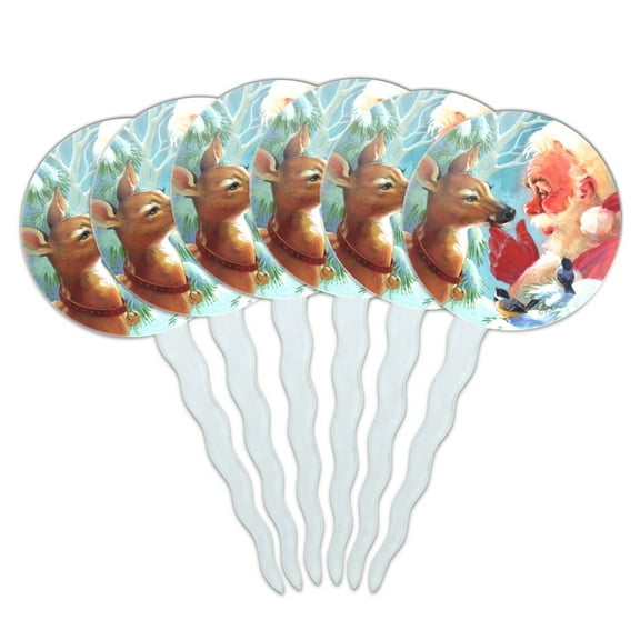 Christmas Holiday New Fawn Deer and Santa Cupcake Picks Toppers Decoration Set of 6
