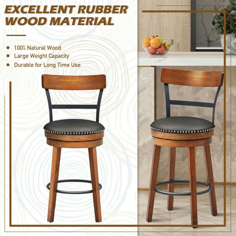 Demi Bonn 25.5" 360-Degree Bar Swivel Stools with Leather Padded, Wood Dining Chair with Backrests, Brown