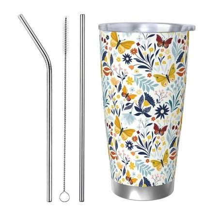 

Zeuib Flowers Butterfly Printed 20oz Stainless Steel Insulated Car Cup Stainless Steel Thermal Cup Vacuum Insulated Leak-proof Travel Mug Cup-Straw Three-piece Set
