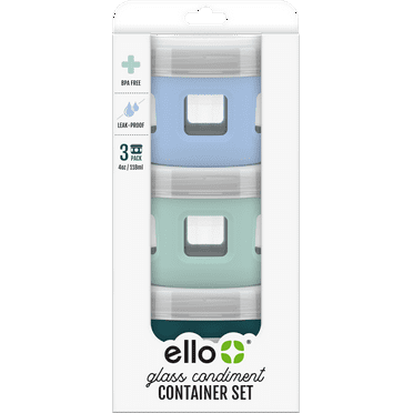 Ello Duraglass Reusable Glass Condiment Containers with Leak Proof Plastic Lid, 4 oz, Set of 3