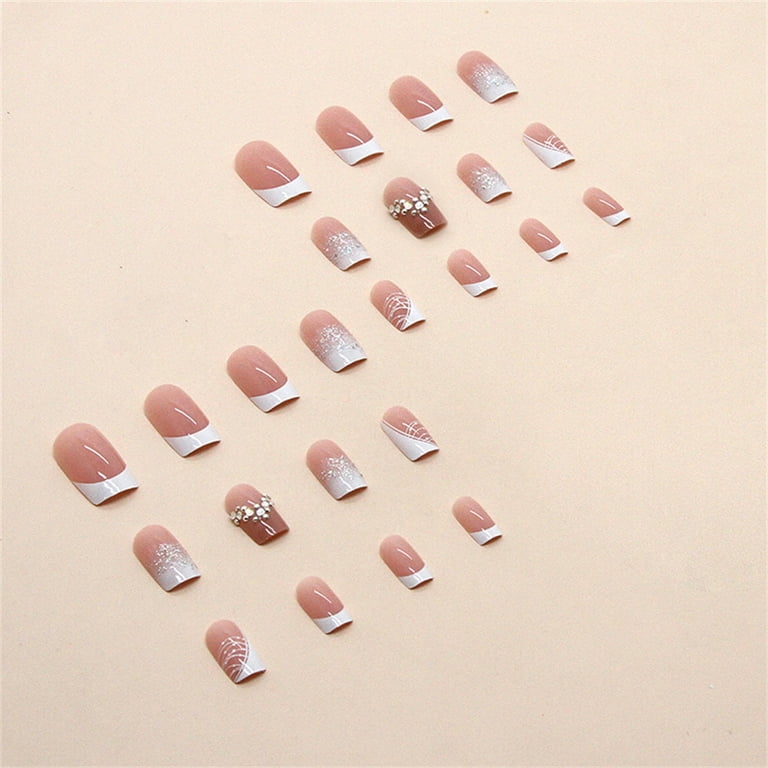 Fofosbeauty 24 pcs Short False Nails, Press-on Nails Designs 2023, Square  White Nude Gold in the Middle 