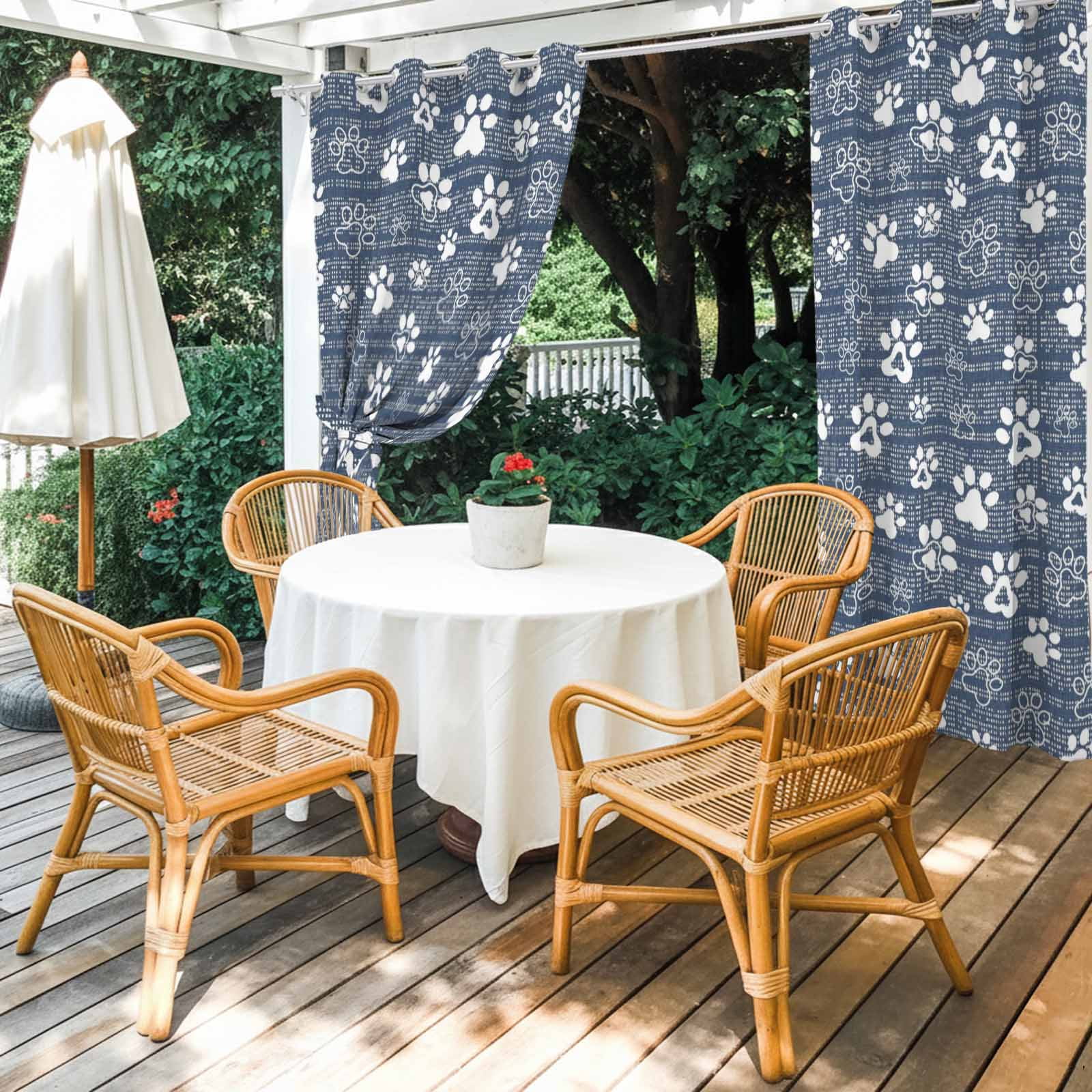 Navy Blue Paw Print Outdoor Curtains for Patio, Modern Classic Blue White Animal Large Paw Pattern Plaid Sunshade Privacy Drapes Grommet Waterproof Outside Curtains for Porch 54"x108", 1 Panel