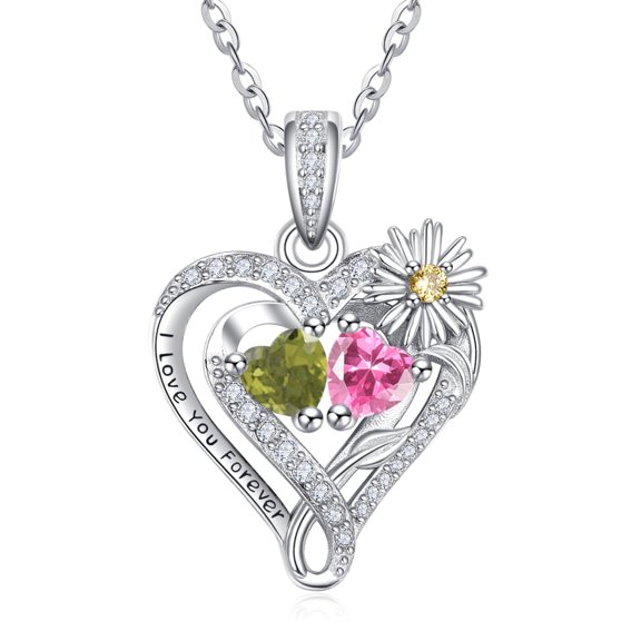 TANGPOET Sterling Silver Daisy Heart Necklaces Pendant Jewelry Peridot Tourmaline August October Birthstone Necklace Anniversary Jewelry Gifts for Women