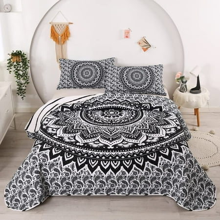 Bohemian Set 3D Printed Boho Chic Hippie Bedding With And Pillowcase Bohemian Comforter Set Black Set Reversible Design Flower Bedding Set(TWIN-68”*86”, Black)