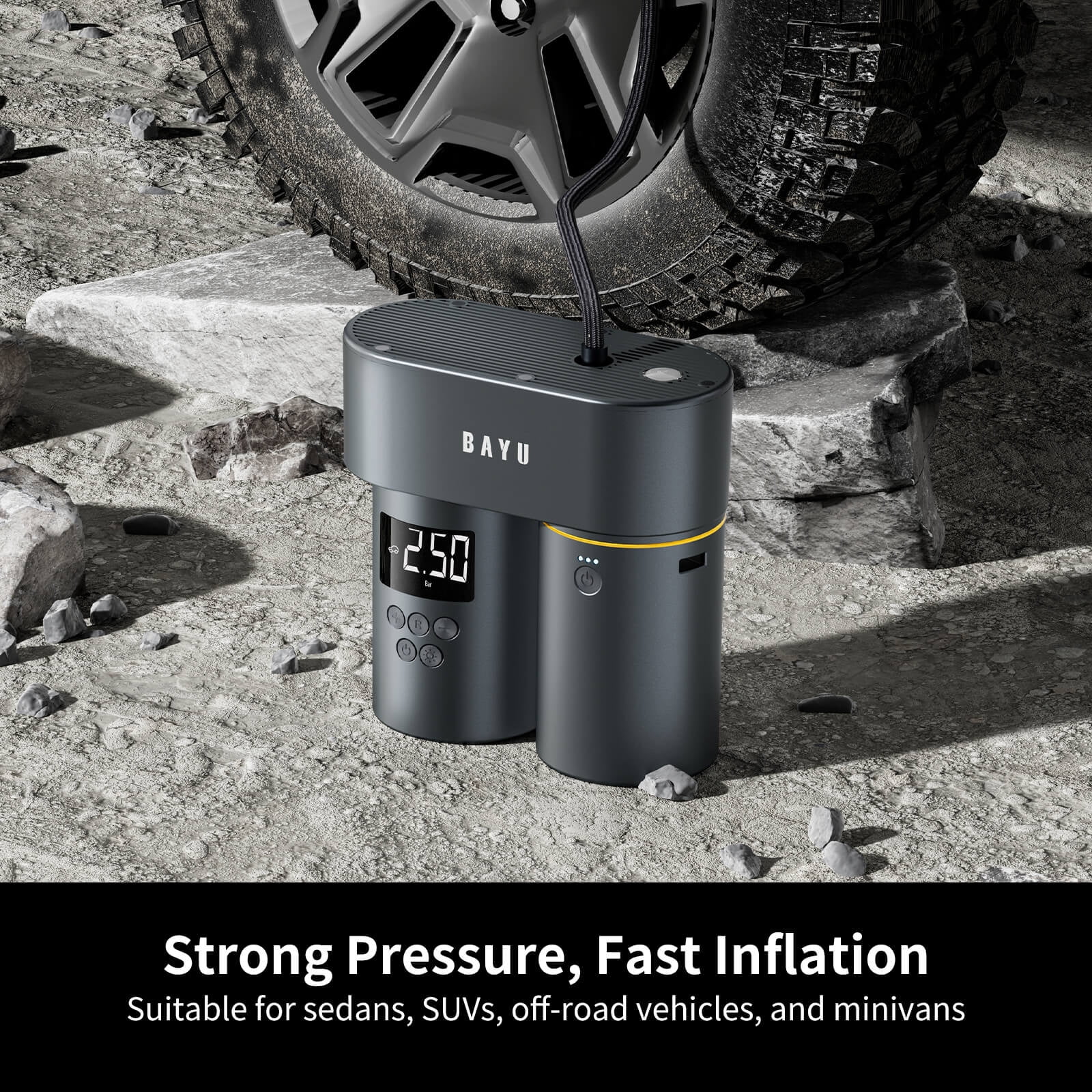 BAYU 2 in 1 Tire Inflator Portable Air Compressor, 150PSI Air Pump for Car Tires with Digital Display, 15000mAh Electric Tire Pump, Emergency LED Light for Car, Bike, Ball