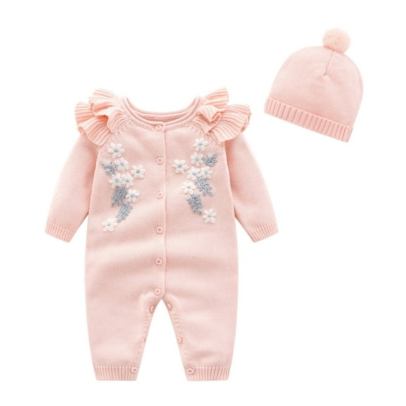 Mercatoo 𝐍ewborn I𝐧fant Baby Girl Knitted Sweater Romper Long Sleeve Jumpsuit Outfit with Warm Hat Set Baby Fall Clothes