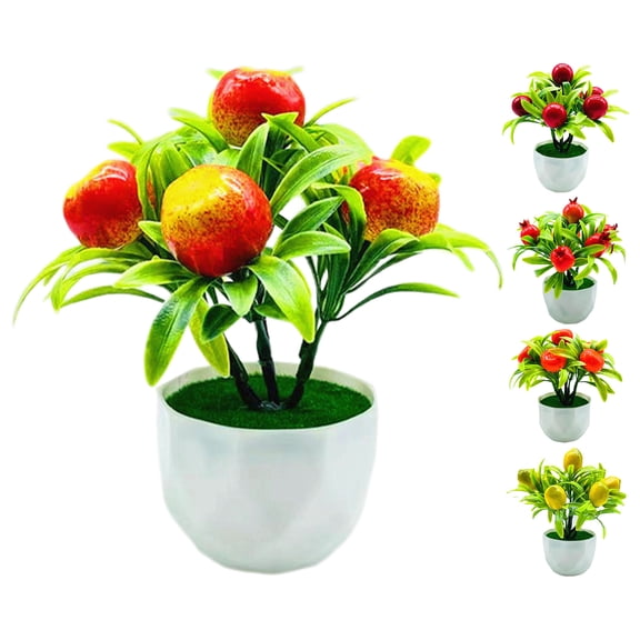 D-GROEE Artificial Mini Potted Plants, 1 PCS Fruit Tree Bonsai Fake Greenery White Plastic Pot, Plants for Home Desk Office Bathroom Decor