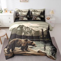 Manfei Teens Adults Animal Bear Bedding Comforter Set 7-Piece,Moutain Jungle King Bedding Sets,Woodland Wildlife Ultra Soft Bed Sheets,Lightweight Room Decor,Reversible