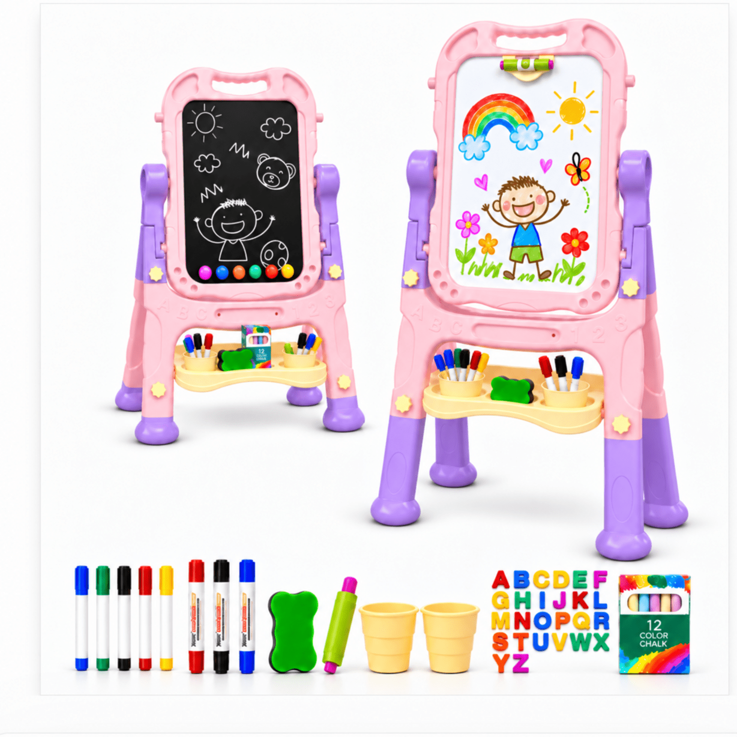 BATTOP Easel for Kids, Adjustable Standing Art Easel for Toddler, Double Drawing Board with Painting Accessories, Birthday Gift for Children, Pink