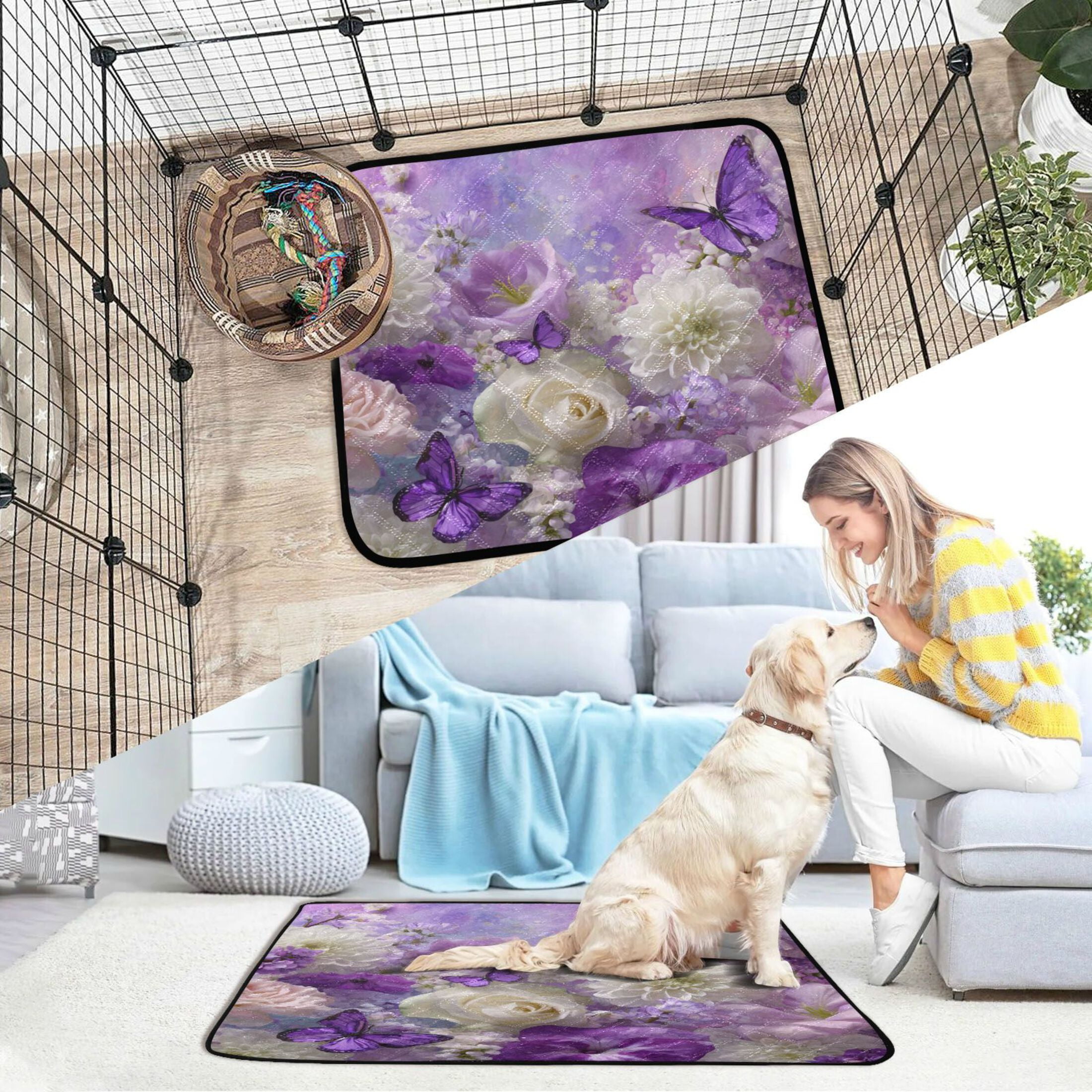 Qxltty Purple Butterfly Floral Cat litter Pads Pet Set of 3 Diaper Mats Center Anti-leakage Layer Absorbent Soft and Comfortable