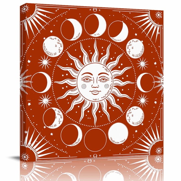 Framed Canvas Wall Art for Living Room Celestial Sun and Moon Wall Decor, Burnt Orange Starry Galaxy Boho Aesthetic Paintings for Bedroom Office Kitchen, Ready to Hang Artwork Wall Pictures 8x8 Inch