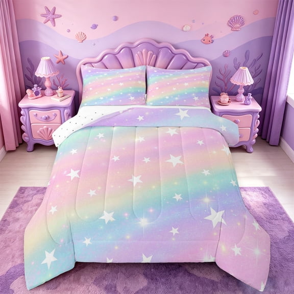 meiyoeat Colorful Gradient Full Size Comforter Sets,Cute Rainbow Stars Print Bedding Comforter Set For Girl,Reversible,3-Piece,1 Comforter and 2 Pillowcases