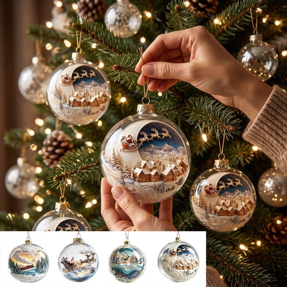 Kbndieu Christmas Tree Decorations Light Up 3.14" Christmas Balls Vintage Holiday Scene Fillable Clear Ball Farmhouse Christmas Hanging Ornaments for Xmas Tree Gifts
