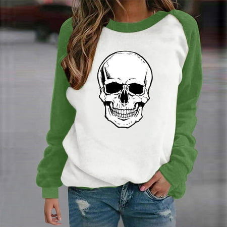 

Moxiu Women s Halloween Skeleton Print Sweatshirt Graphic Long Sleeve Blouse Round Neck Casual Pullover Tops Sweatershirts
