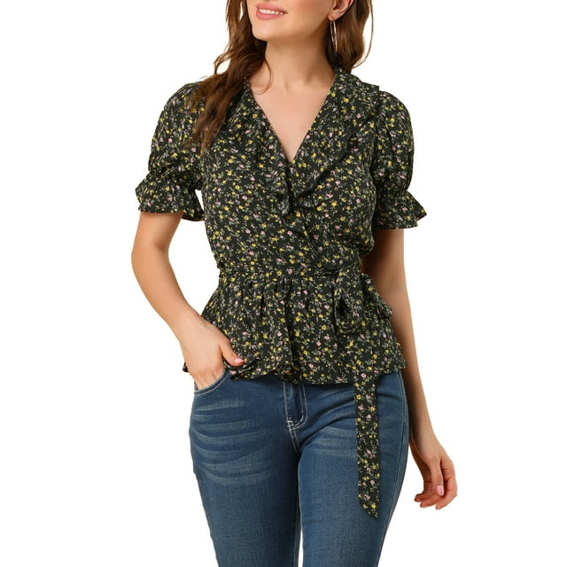 INSPIRE CHIC Women's Sweet Fruit Crossover V Neck Short Sleeves Ruffle Wrap Blouse