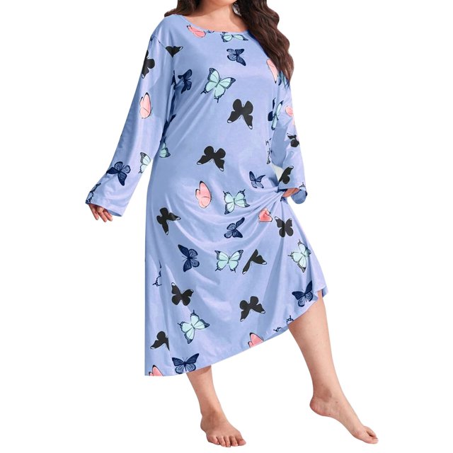Women's Large Loose Long Sleeve Butterfly Print Drop Shoulder Long Sleeping Dress