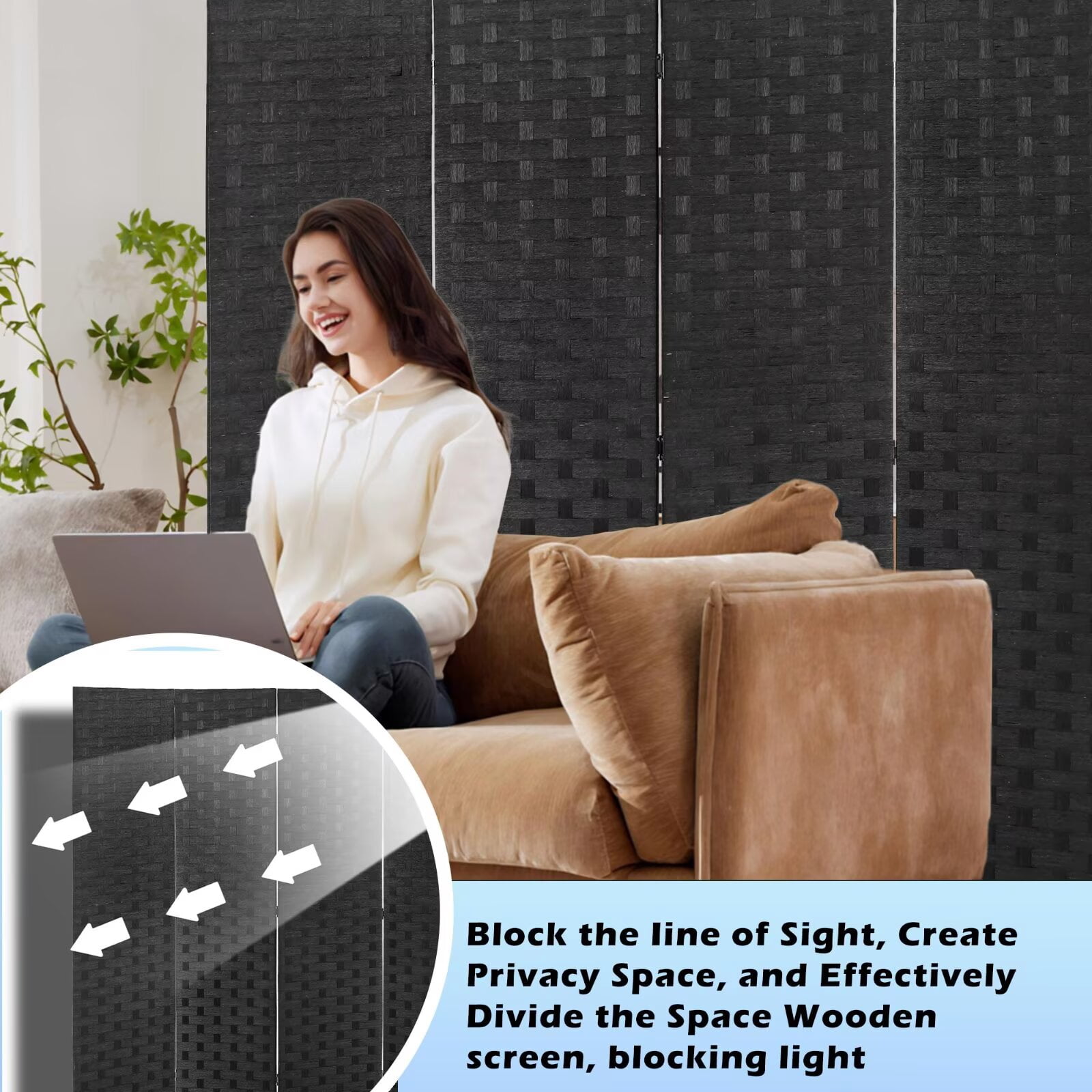 4 Panel Room Dividers Foldable Privacy Screen Decorative Indoor Screen 6TF Wooden Office Dividers Partition Wall for Home, Office, Bedroom, Black