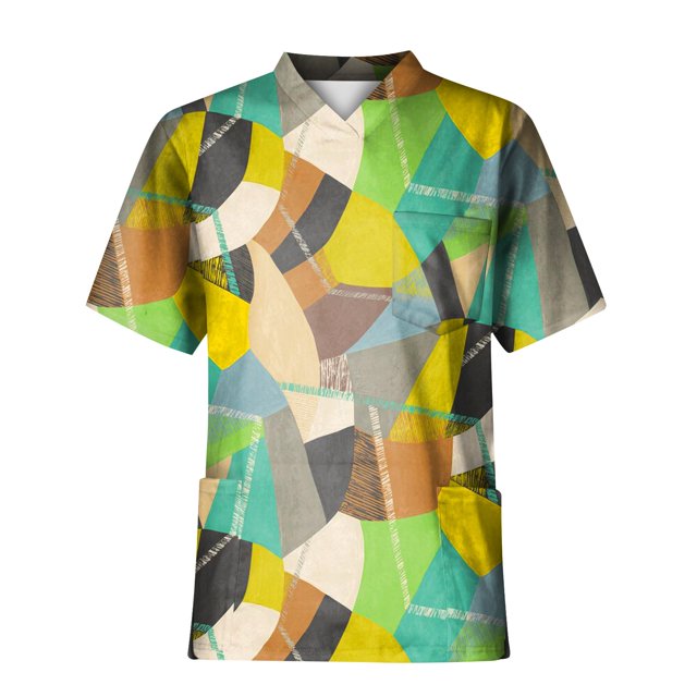 Plus SizePrinted Scrub Working Uniform Tops For Men's Cross V-Neck Short Sleeve Fun T-Shirts Workwear Tee With Pockets 5XL