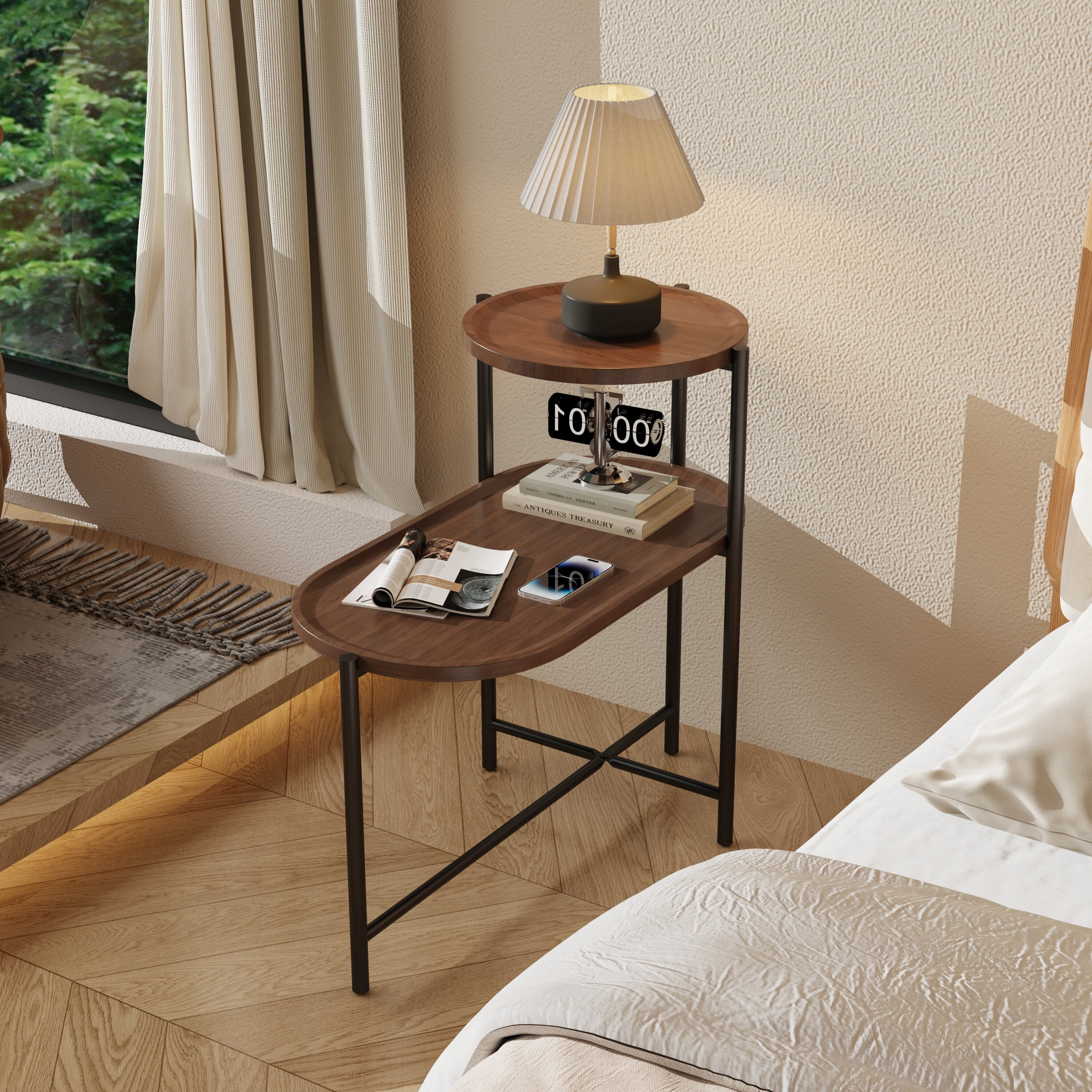 Yoneston 2-Tier Round End Table with Storage Tray Wood Small Side Table for Living Room, Bedroom, Kitchen, Brown