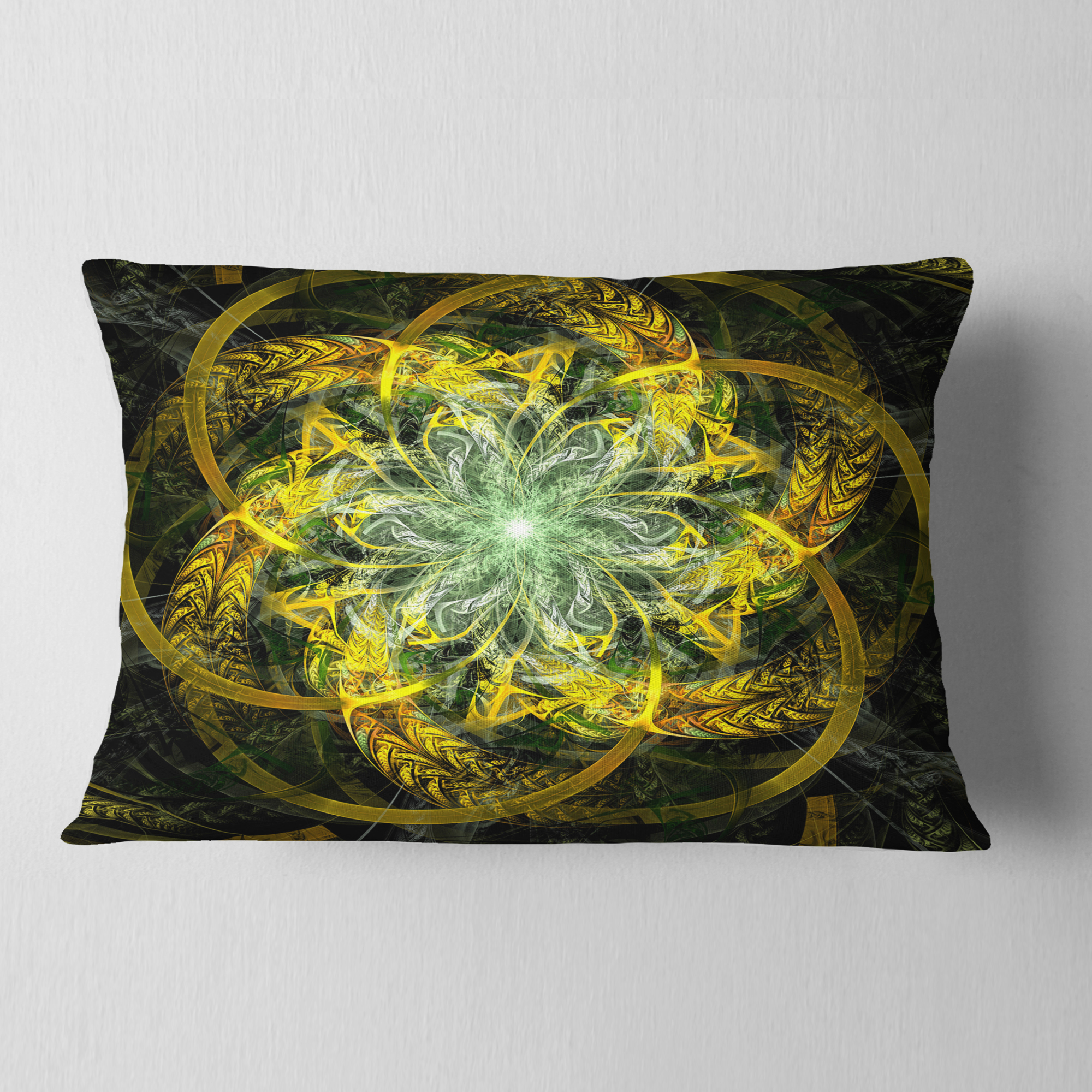 Designart Yellow and Green Fractal Flower - Abstract Throw Pillow - 12x20