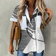 MRULIC shirts for women Women Short Sleeve Turn Down Collar Buttons Blouse Flower Printed Shirt Tops Women Shirts Grey   L