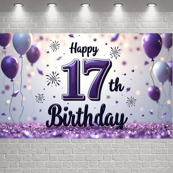 Purple Theme 17th Birthday Banner Balloon Decor Display Firework Design Glitter Accent 17th Birthday Backdrop for 17th Birthday Party Teen Celebration Indoor Party
