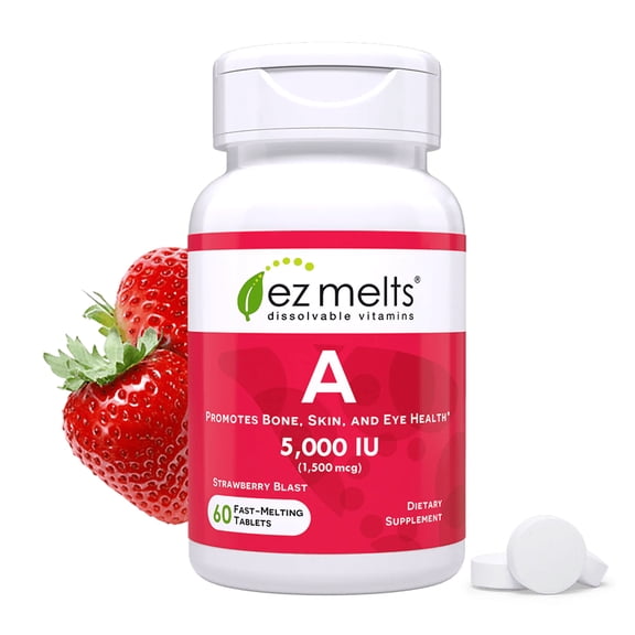 EZ Melts Vitamin A - Skin, Eye & Bone Health Supplement - Supports Healthy Nervous System - No Artificial Flavors - Non-GMO & Vegan - Strawberry Blast - 60 Dissolvable Tablets (60 Servings)
