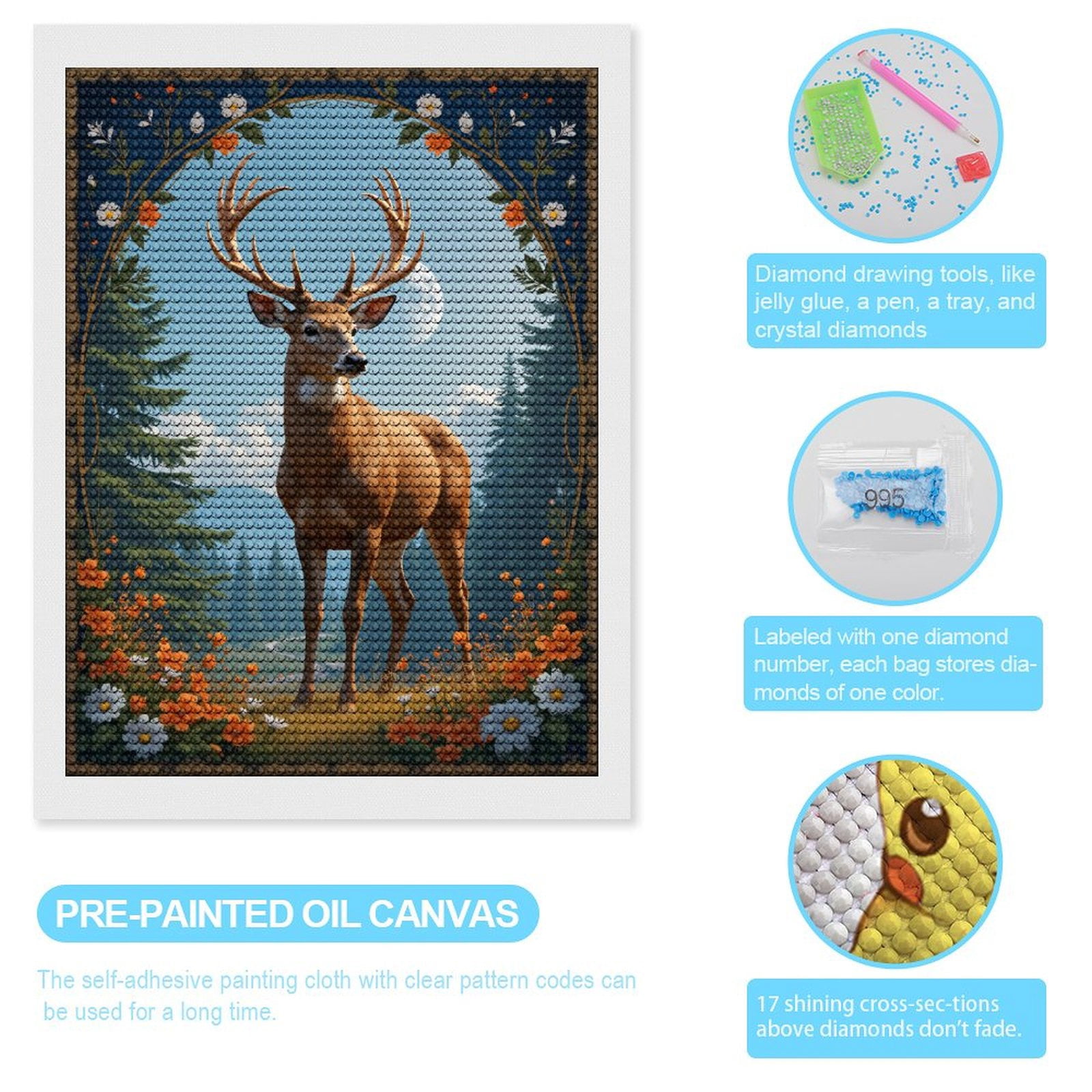 Diamond Art Kits for Adults, Deer Majesty Nature Floral Frame 5D Diamond Painting Kits for Adults Beginners, DIY Full Drill Diamond Painting, Gem Art and Crafts 12x16