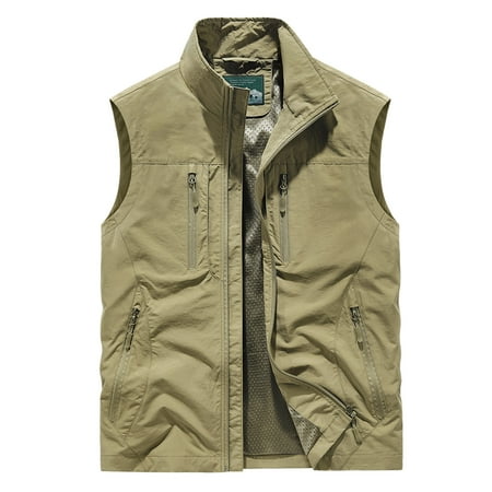 YLSDY Men s Summer Outdoor Vest Lightweight Stand Collar Sleeveless Quick-Drying Breathable Mesh Lining Multi-Pocket Fishing Photography Vest Khaki XXXL