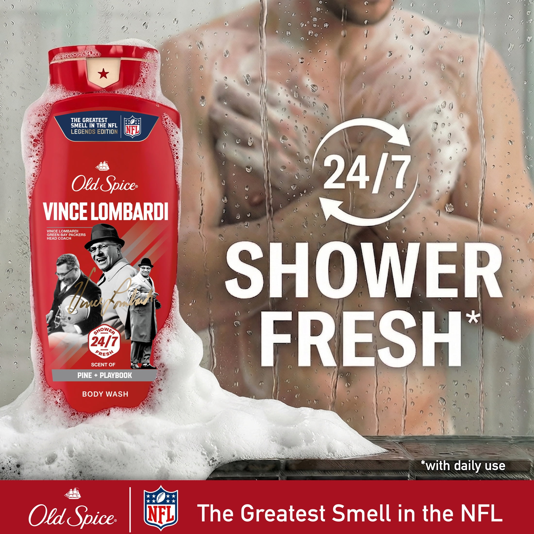 Old Spice Body Wash for Men, NFL Collection, Vince Lombardi, Scent of Pine + Playbook, 24 fl oz