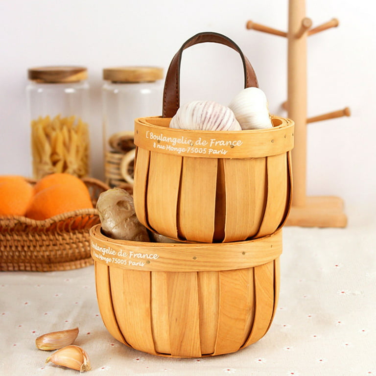 Small Round Natural Woodchip Wooden Decorative Storage Basket with Handle  Wood Chip Material Fruit Basket 