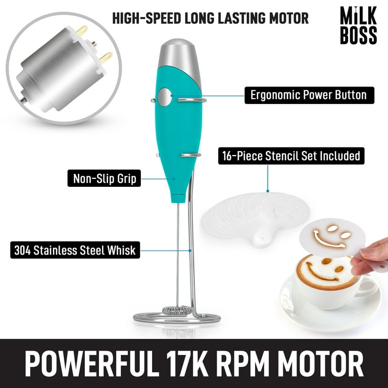 Zulay Milk Boss Mighty Milk Frother Handheld Whisk Mixer With 16-Piece  Stencils Smooth Teal