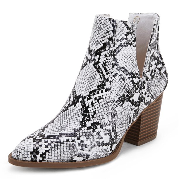 Saodimallsu Womens Pointed Toe Stacked Mid Heel Ankle Boots V Cut Back