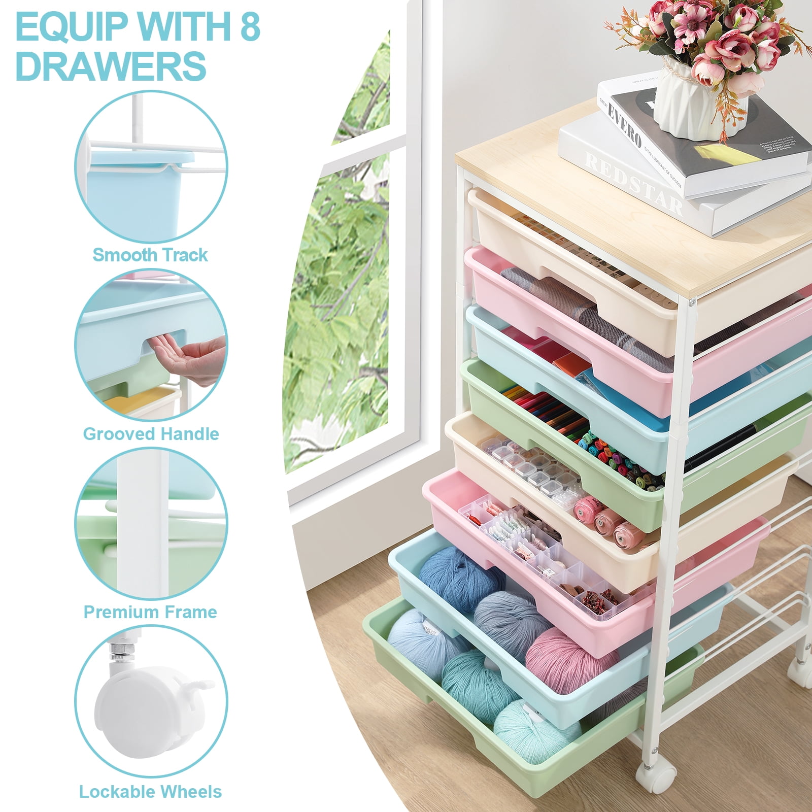 KK KINGRACK Storage Rolling Drawer Cart, Drawer Organizer with 8 Drawers and Wooden Tabletop, Metal & Plastic, Multicolor