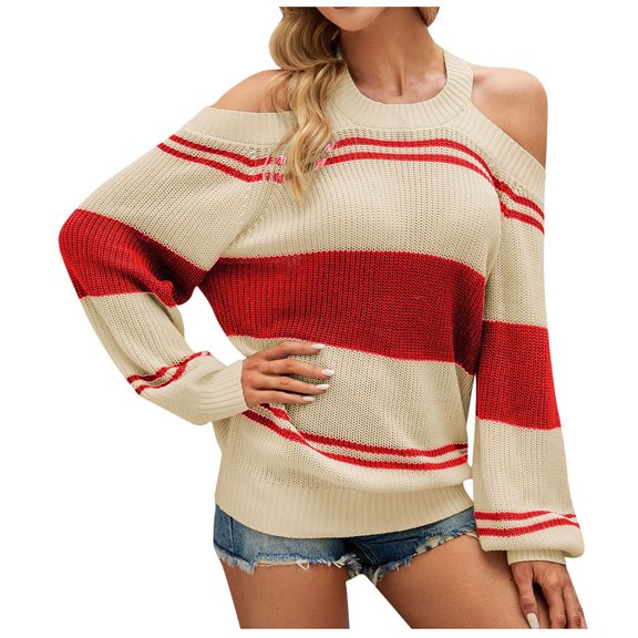 Womens Fall Fashion 2022! QLEICOM Sweaters for Women, Women's Round- Neck Stripe Splicing Recreational Pullover Knitting Sweater Long Sleeve Tops On Clearance
