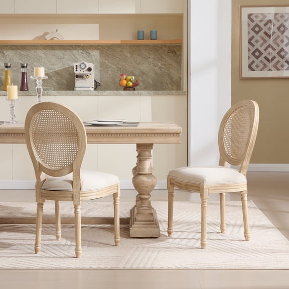 Miekor French Country Dining Chairs Set of 2, Upholstered Chairs with Nature Rattan Round Back, Wire drawing and carving techniques ,Disassemblable , for Living Room, Kitchen , Restaurant Use,Beige