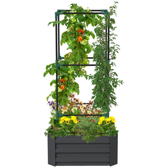 Outsunny Galvanized Raised Garden Bed with 3-Tier Trellis Tomato Cage Grey